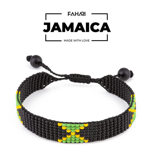 Jamaica Flag Bracelet: Handmade Bracelet, Adjustable Beaded Boho-Style Rope Bangle with Patriotic Design