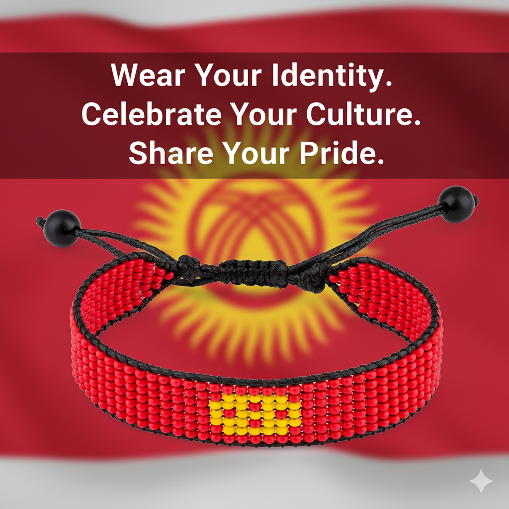 Kyrgyz Republic Flag Bracelet: Handmade Adjustable, Unisex Boho Style Jewelry.
