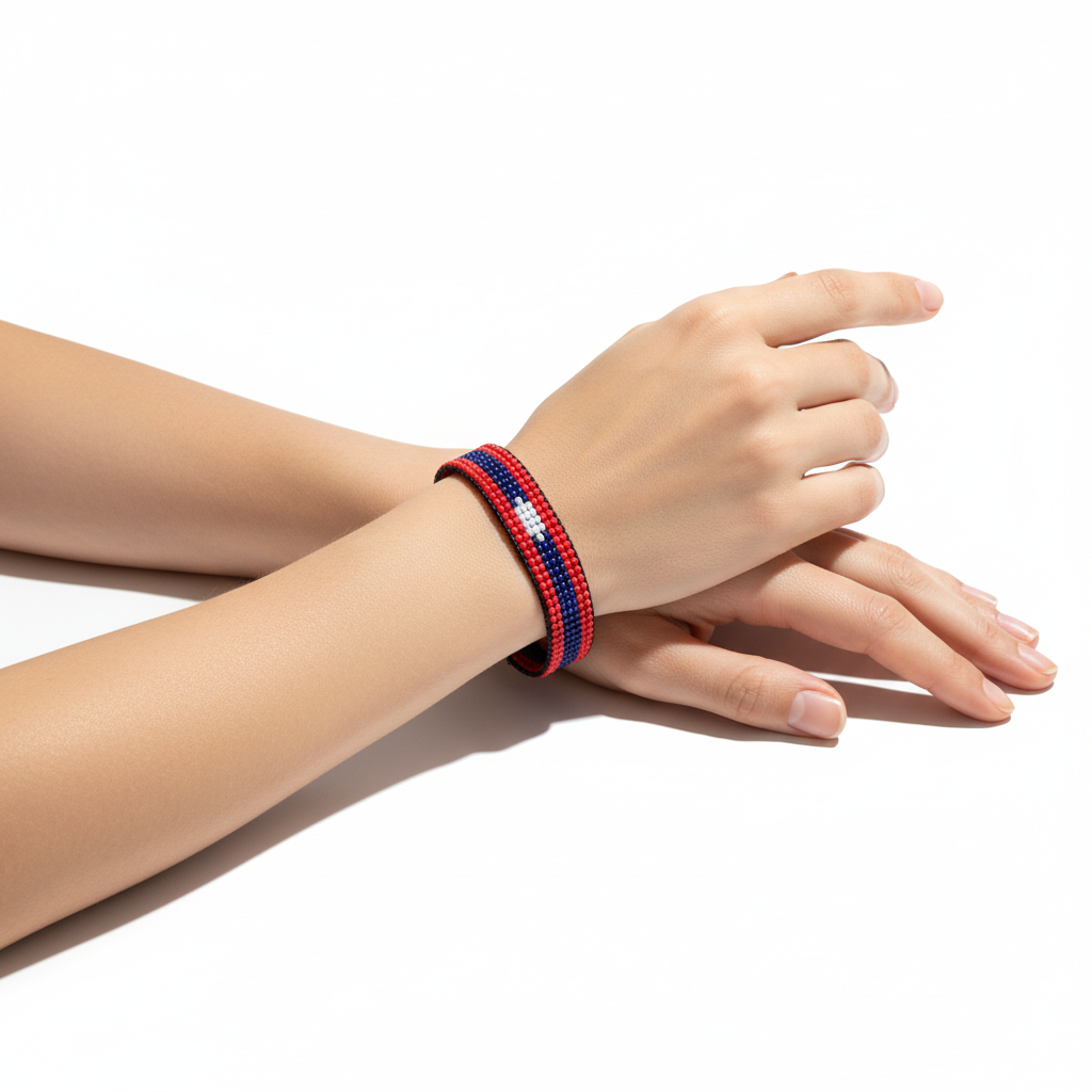 Laos (LPDR) Flag Bracelet: Adjustable, Handmade Uniosex Boho Style Jewelry