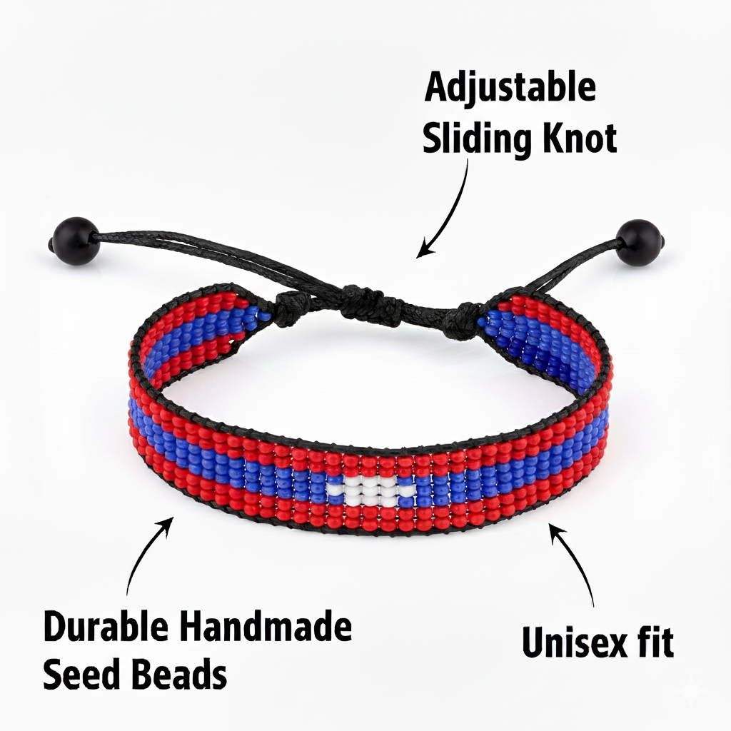 Laos (LPDR) Flag Bracelet: Adjustable, Handmade Uniosex Boho Style Jewelry