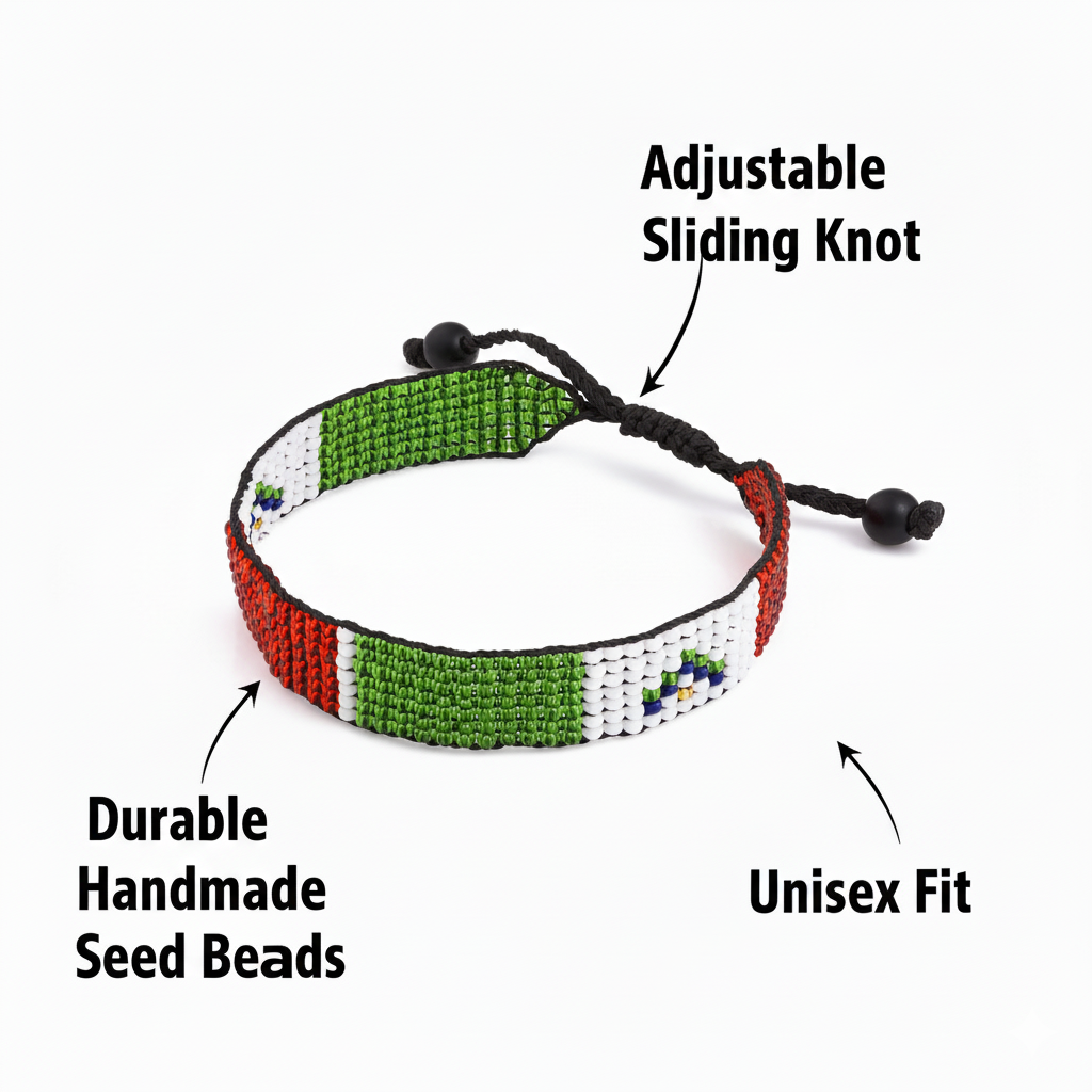 Mexico Flag Bracelet: Handmade Adjustable Beaded Unisex Boho-Style Jewelry