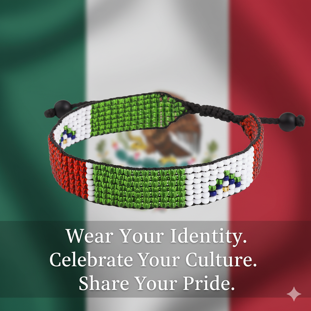 Mexico Flag Bracelet: Handmade Adjustable Beaded Unisex Boho-Style Jewelry