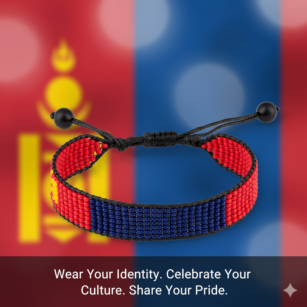 Mongolia Flag Bracelet: Beaded, Adjustable, Boho Style Rope Bracelet for Women & Men