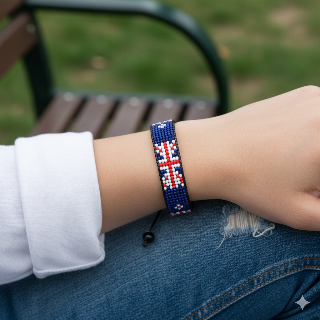 New Zealand Flag Bracelet: Handmade, Adjustable Beaded Boho-Style Bracelet with Patriotic Design