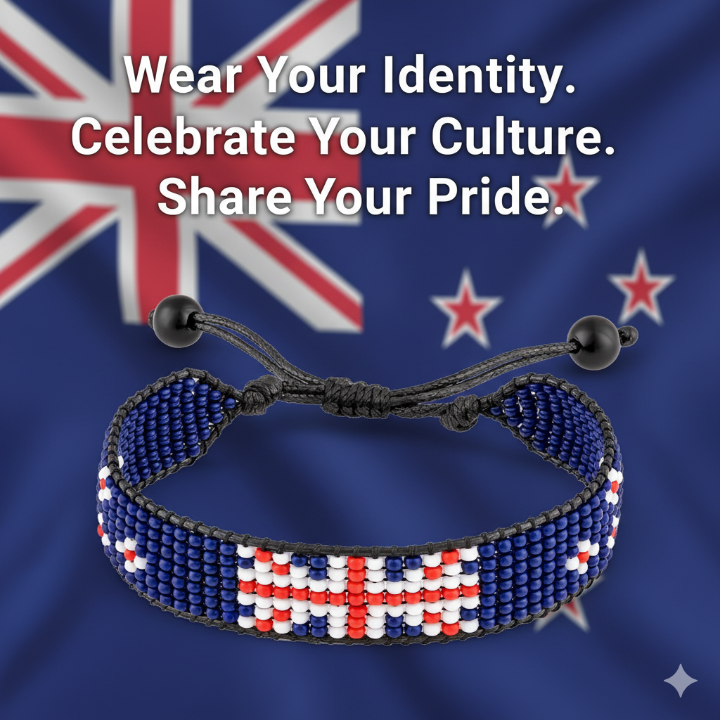 New Zealand Flag Bracelet: Handmade, Adjustable Beaded Boho-Style Bracelet with Patriotic Design