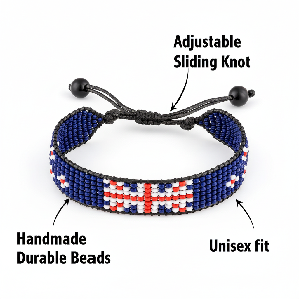 New Zealand Flag Bracelet: Handmade, Adjustable Beaded Boho-Style Bracelet with Patriotic Design