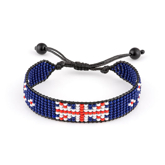 New Zealand Flag Bracelet: Handmade Bracelet, Adjustable Beaded Boho-Style Rope Bracelet with Patriotic Design