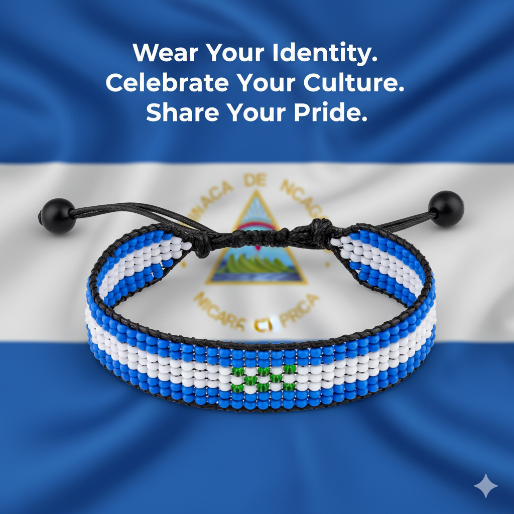 Nicaragua Flag Bracelet: Adjustable, Unisex Beaded Boho Style Bracelet