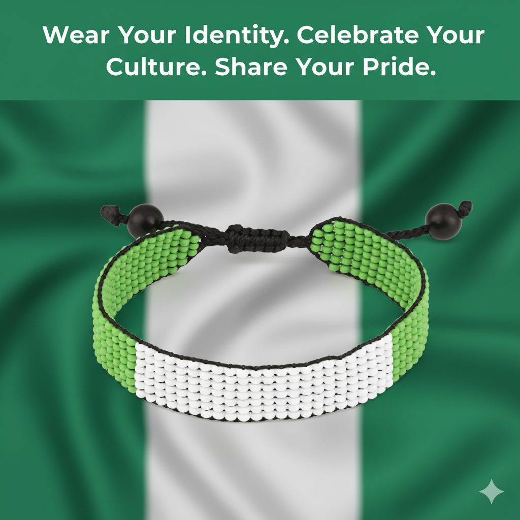 Nigeria Flag Bracelet: Handmade, Adjustable Beaded Boho-Style Bracelet with Patriotic Design