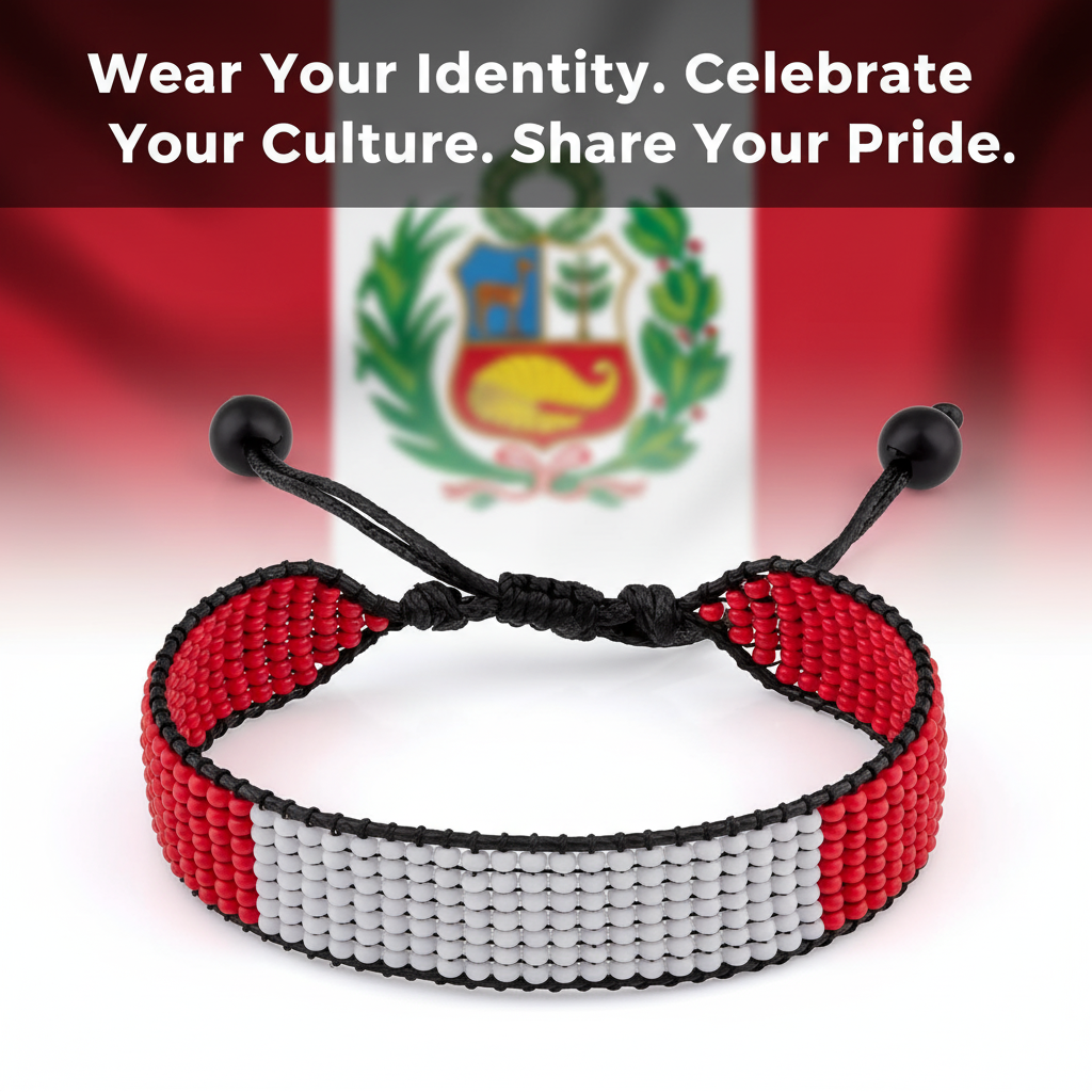 Peru Flag Bracelet: Beaded, Adjustable, Boho Style Rope Bracelet for Women & Men