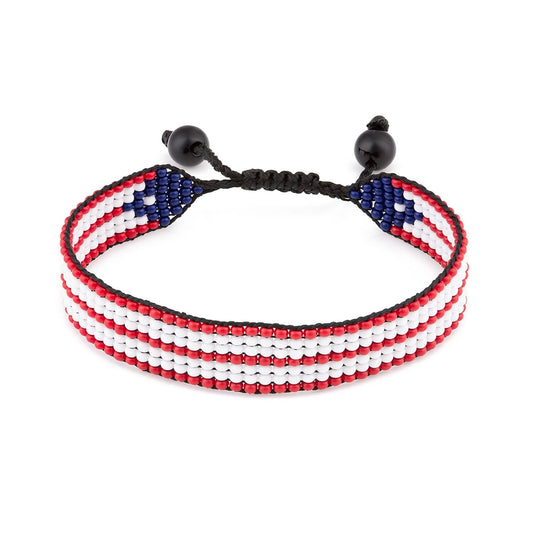 Puerto Rico Flag Bracelet: Handmade Bracelet, Adjustable Beaded Boho-Style Rope Bangle with Patriotic Design