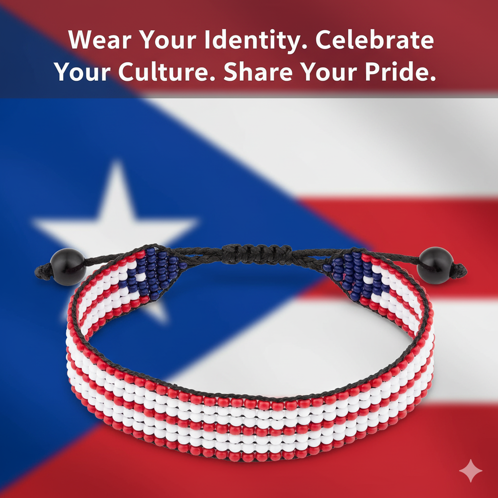 Puerto Rico Flag Bracelet: Handmade, Adjustable Beaded Boho-Style with Patriotic Design