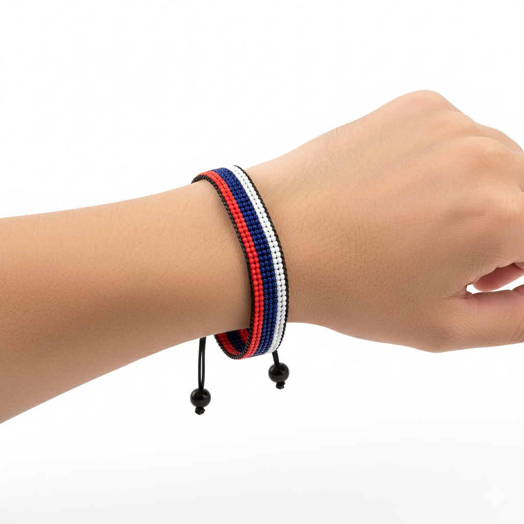 Russia Flag Bracelet: Handmade, Adjustable Beaded Unisex Boho-Style Jewelry