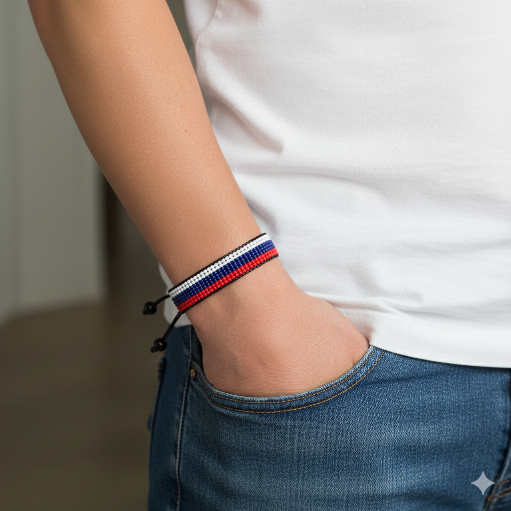 Russia Flag Bracelet: Handmade, Adjustable Beaded Unisex Boho-Style Jewelry