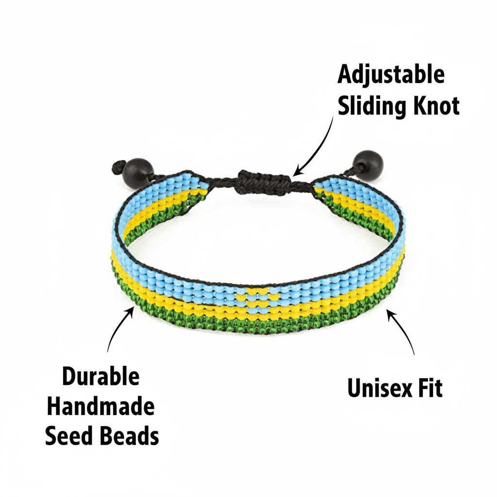 Rwanda Flag Bracelet: Handmade, Adjustable Boho-Style Rope Bangle with Patriotic Design