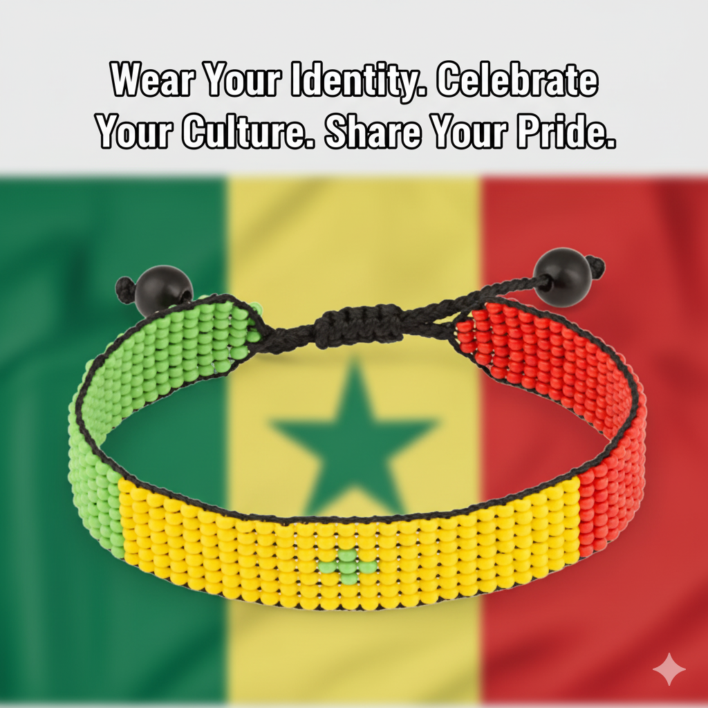 Senegal Flag Bracelet: Handmade, Adjustable Beaded Boho-Style Bracelet with Patriotic Design
