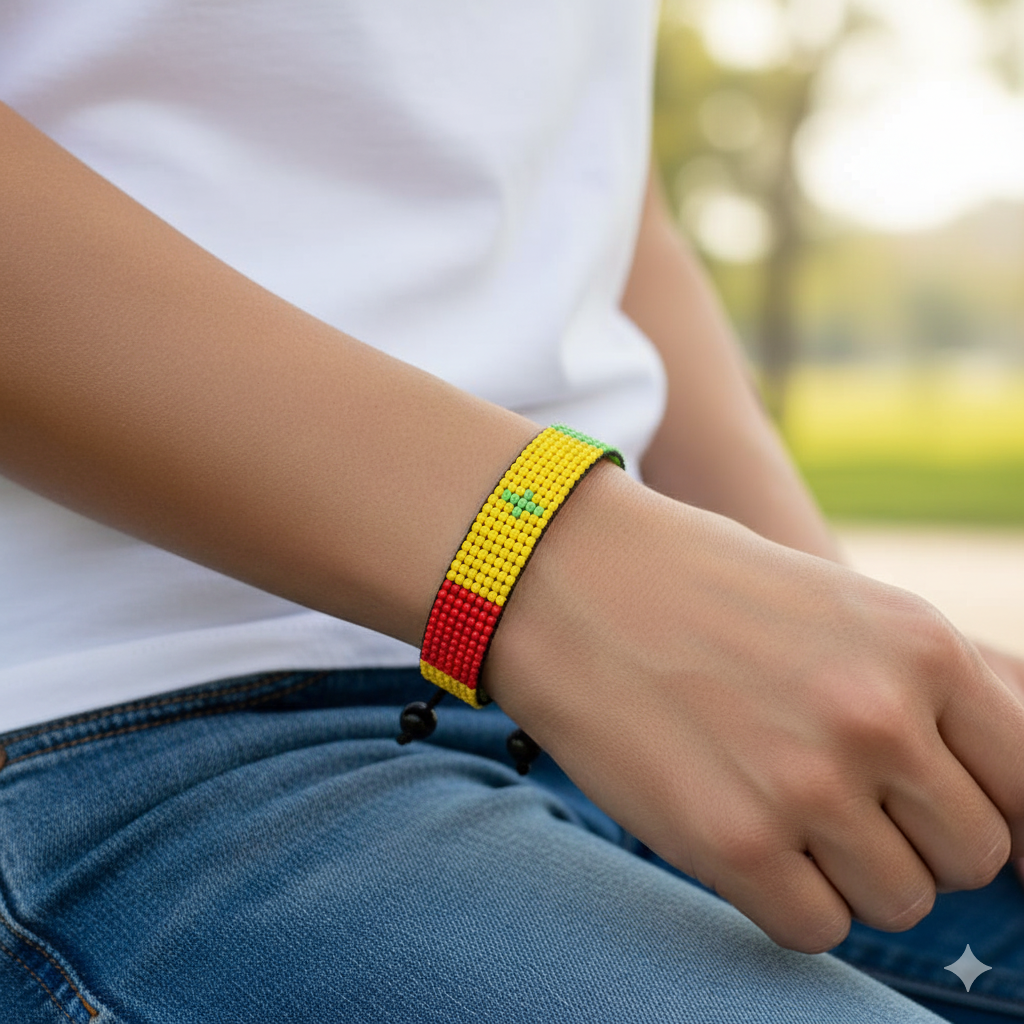 Senegal Flag Bracelet: Handmade, Adjustable Beaded Boho-Style Bracelet with Patriotic Design