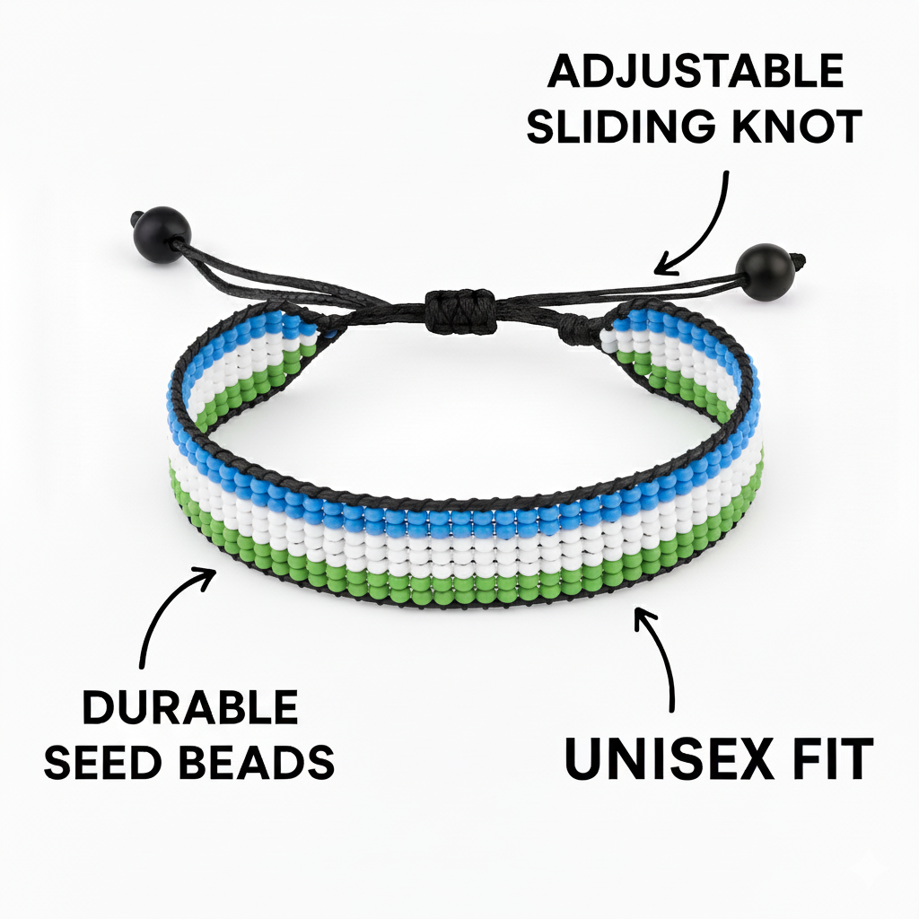 SierrLeone Flag Bracelet: Handmade, Adjustable Beaded Unisex Boho-Style Jewerly with Patriotic Design