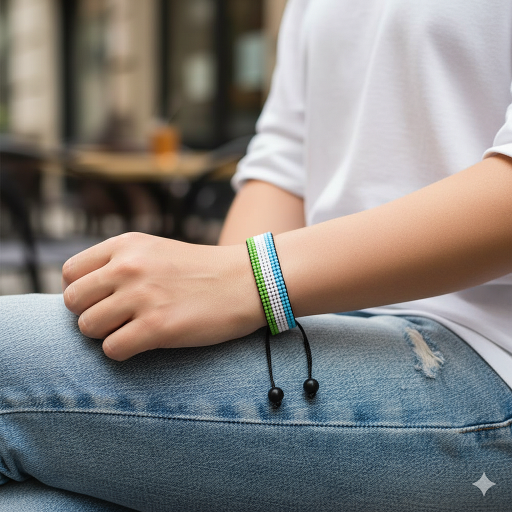 SierrLeone Flag Bracelet: Handmade, Adjustable Beaded Unisex Boho-Style Jewerly with Patriotic Design