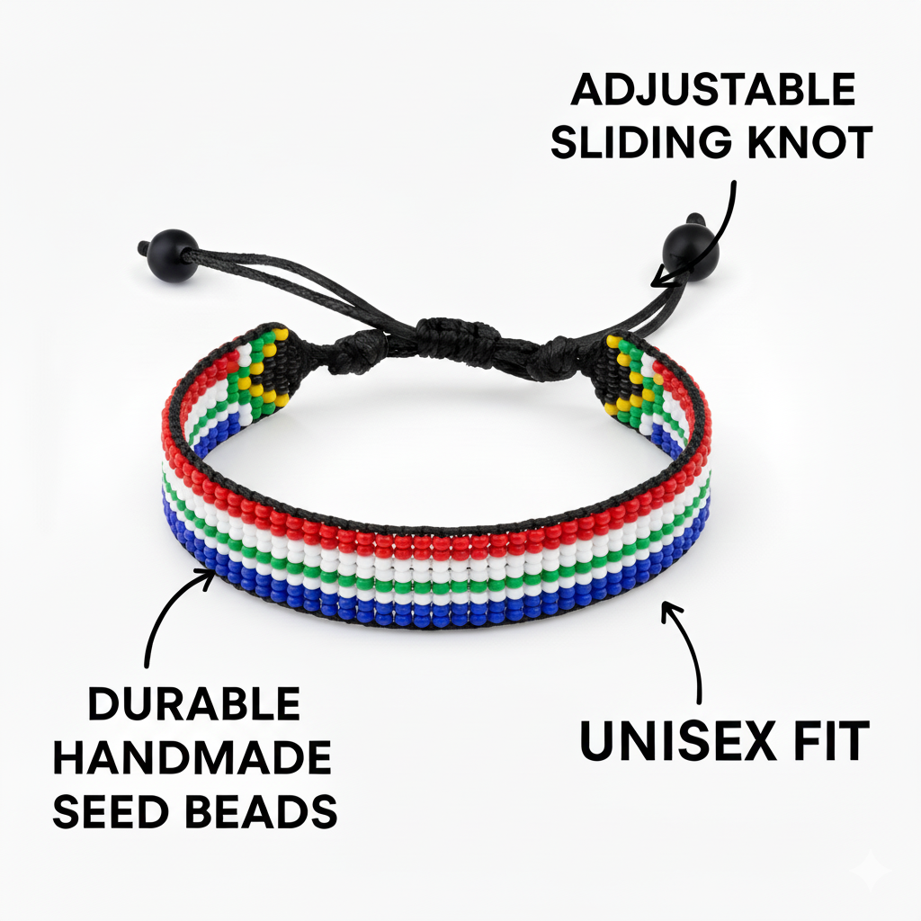 South Africa Flag Bracelet: Handmade, Adjustable Beaded String, Unisex Boho Jewelry