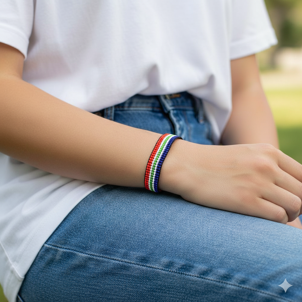 South Africa Flag Bracelet: Handmade, Adjustable Beaded String, Unisex Boho Jewelry