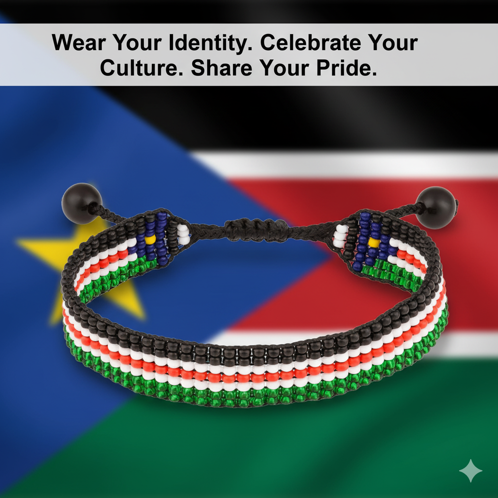 South Sudan Flag Bracelet: Handmade, Adjustable Beaded Boho-Style Bracelet with Patriotic Design