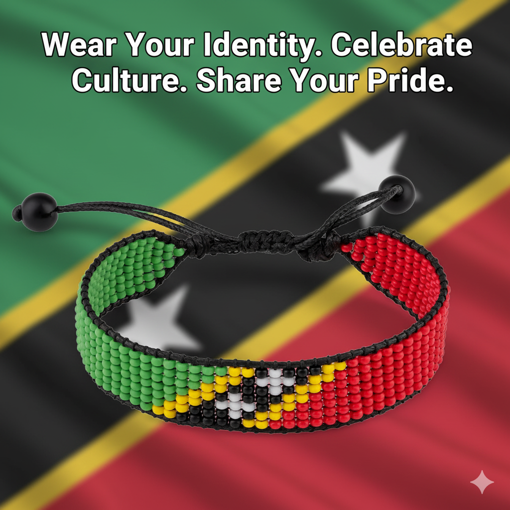 St. Kitts and Nevis Flag Bracelet: Adjustable, Boho Style Rope Bracelet for Women & Men