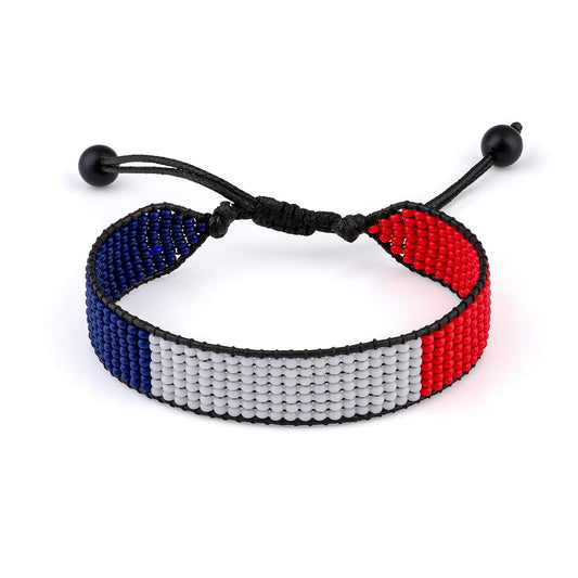 St. Martin Flag Beaded Bracelet, Adjustable, Boho Style Rope Bracelet for Women, Men
