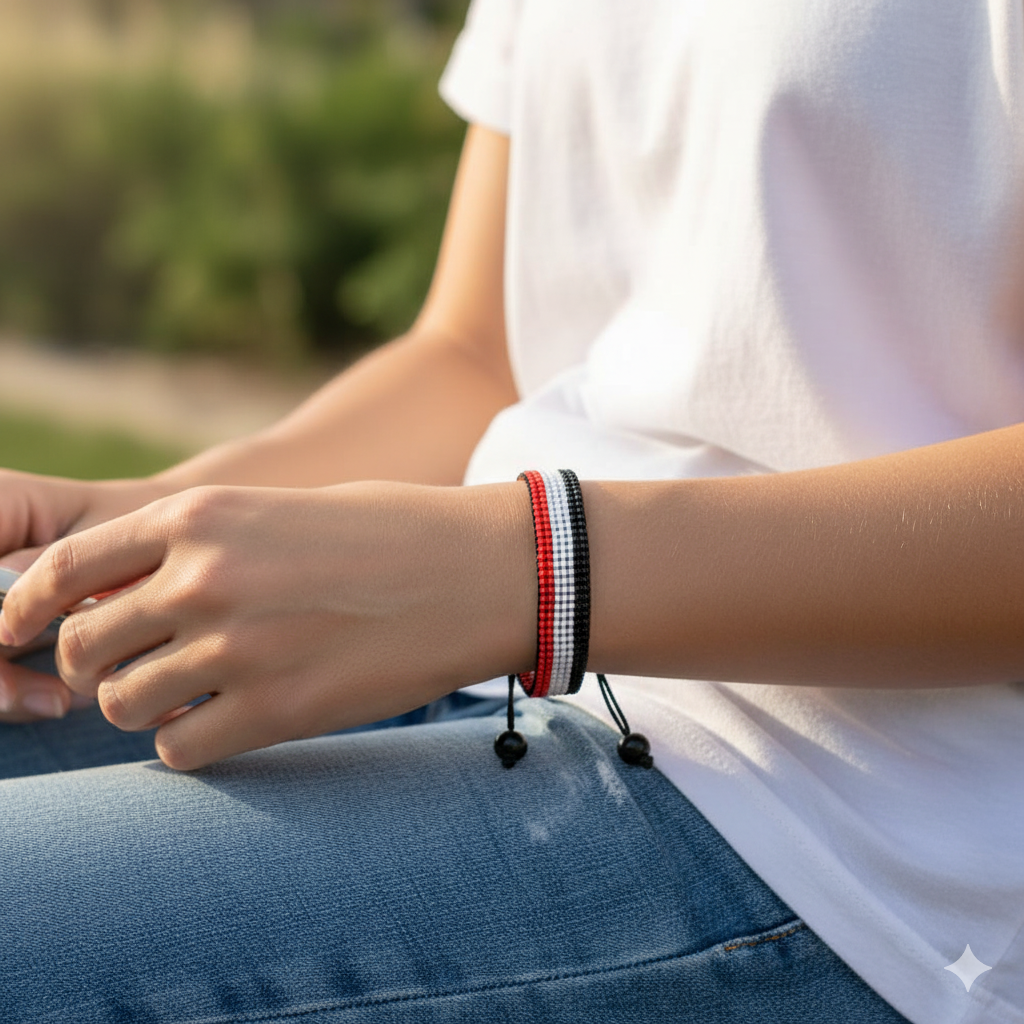 Sudan Flag Bracelet: Handmade, Adjustable Beaded Boho-Style Bracelet with Patriotic Design