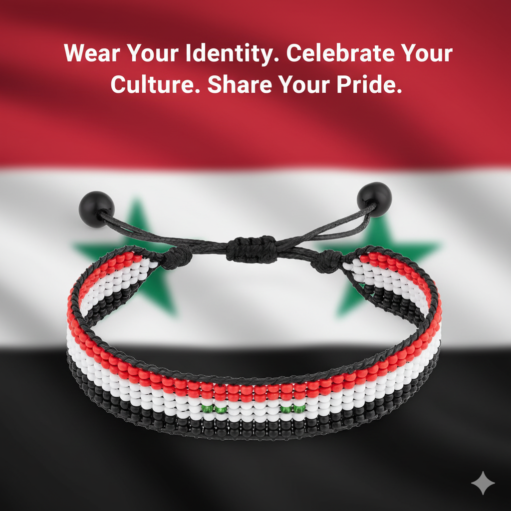 Syria Flag Bracelet: Arabian Elegance, Handcrafted Adjustable Unisex Boho Style Jewerly
