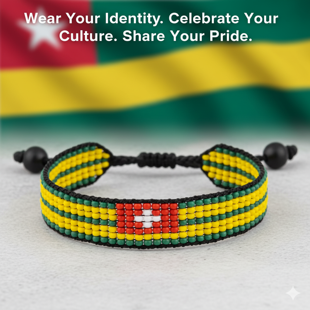 Togo Flag Bracelet: Handmade, Adjustable Beaded Unisex Boho-Style with Patriotic Design