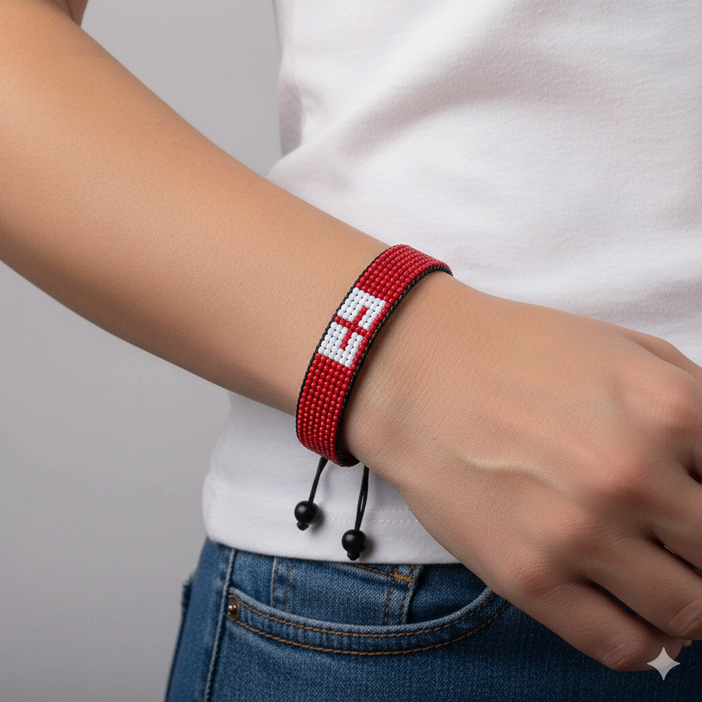 Tonga Flag Bracelet: Adjustable, Handmade, Unisex Boho Style Beaded Bracelet