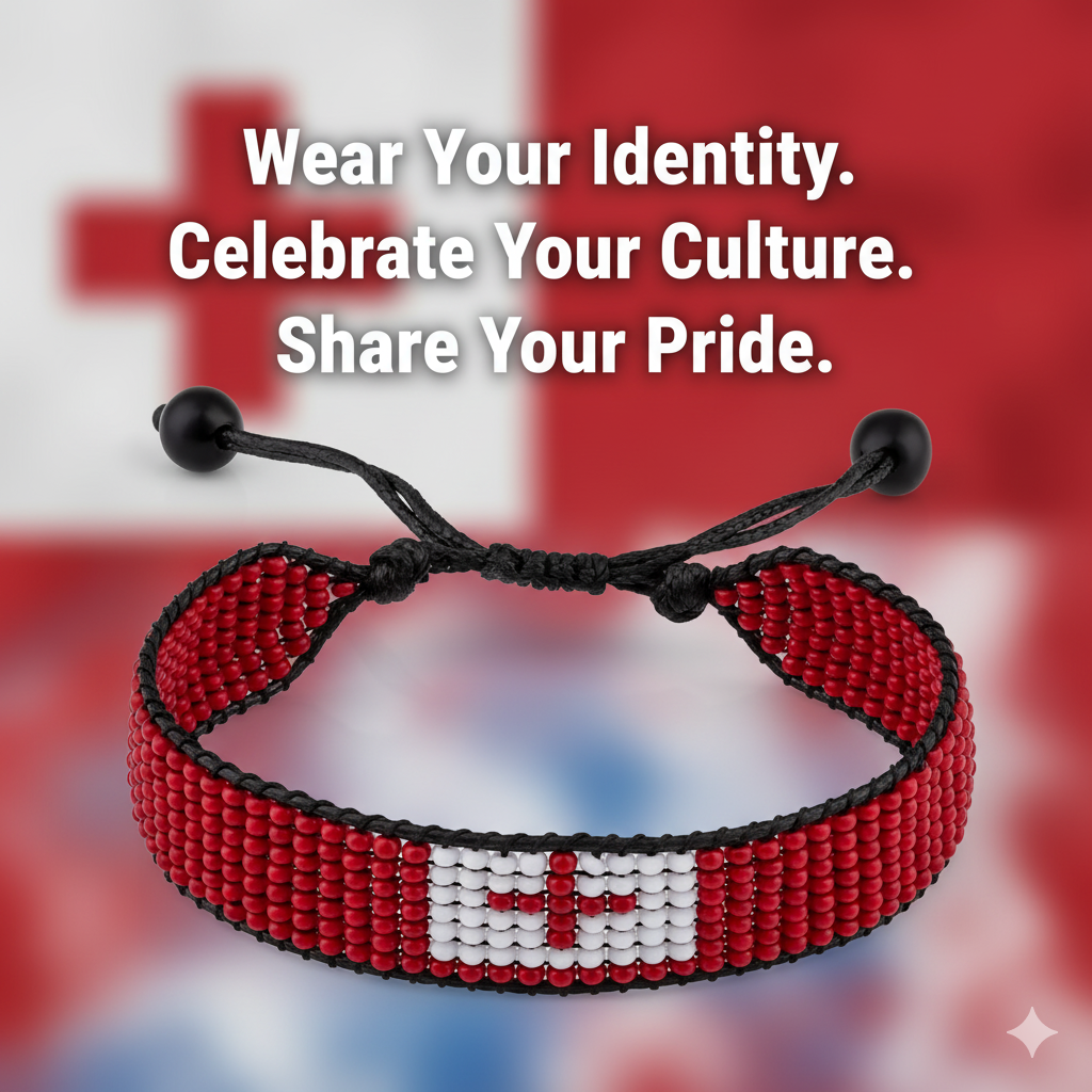 Tonga Flag Bracelet: Adjustable, Handmade, Unisex Boho Style Beaded Bracelet